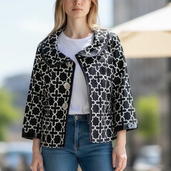 Debra Deroo Blazer Jacket M Black White Floral Button 3/4 Sleeve Effortless Glam - Picture 1 of 16